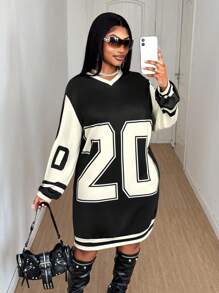 Plus Size Contrast Color Splice Number Print Dress Fall Cloth For Women - Black and White - View 1