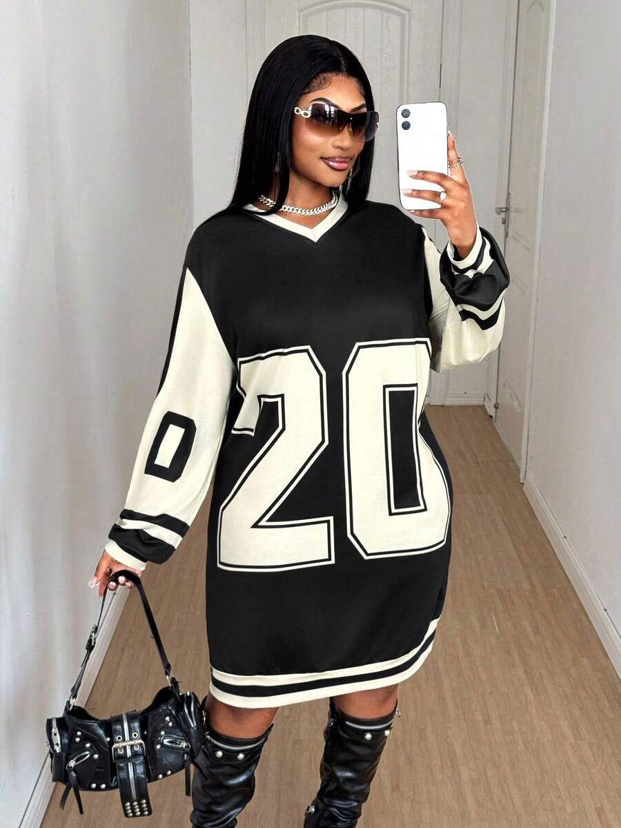 Plus Size Contrast Color Splice Number Print Dress Fall Cloth For Women - Black and White - View 1