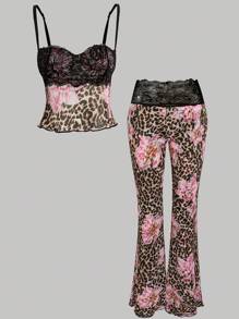 INAWLY Women's Leopard Print Contrast Lace Spaghetti Strap Long Pants, Spring New Arrival