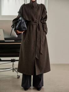 DAZY Women's Loose Business Casual Elegant Stand Collar Brown Cinched Waist Overcoat, Suitable For New Year, Christmas, Autumn/Winter - Chocolate Brown - View 12