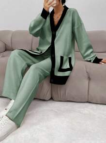 SHEIN Cottnline Ladies' Knitted Two-Piece Set: Contrast Edge Cardigan & Knit Pants - Multicolor - View 3