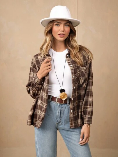 Wildy 格纹印花纽扣衬衫、长袖上衣