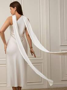 Aveloria Rosie Plus Size Sleeveless Dress With Satin Waist, Asymmetric Shoulder Design, High-End Wrap Skirt And Extra Long Scarf Tie, Party Dress