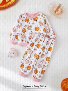 Cozy Pixies 2pcs Baby Girl Halloween Pattern Contrast Color Knit Soft Round Neck Long Sleeve Pullover Hoodie And Elastic Waist Pants Set - Multicolor - View 4