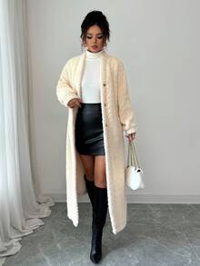 Elenzga Áo khoác cardigan dài có lớp lót giữ nhiệt, họa tiết lông mềm mại dành cho nữ, dáng rộng thoải mái - Màu be - Xem 6