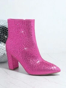 SHUZIA Rhinestone Decor Side Zipper Chunky Heeled Boots - Red Violet - View 5