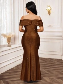 SHEIN Lady 优雅派对闪光网布拼布露肩美人鱼长裙 - 金色 - 查看 2