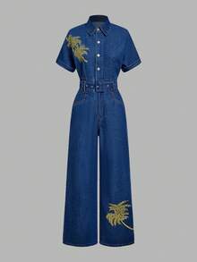 SHEIN MOD 女式休闲优雅牛仔背带裤和连体裤 - 藍色 - 查看 1
