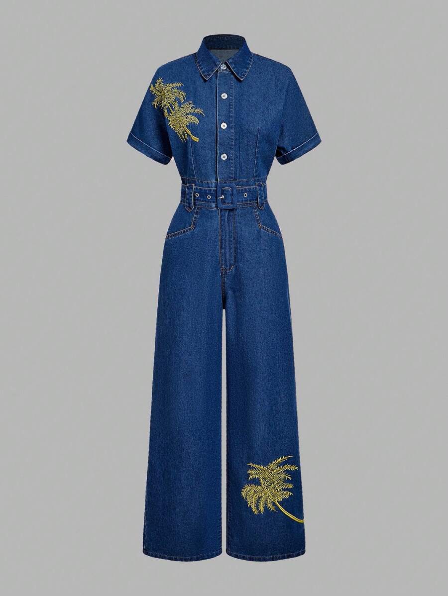 SHEIN MOD 女式休闲优雅牛仔背带裤和连体裤 - 藍色 - 查看 1