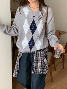 DAZY 女士V领菱形图案休闲长袖毛衣，秋冬 - 灰色 - 查看 5