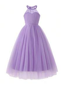 Elegant Light Blue Summer Lace Wedding Dress,Tween Girls Luxurious Light Purple Halter Neck Sleeveless Mesh Dress For Party,Flower Girl,Banquet - Mauve Purple - View 3