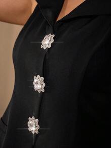 Flirla Blazer de mujer talla grande con cuello de solapa, sin mangas, de unicolor, con abertura frontal, decoración de diamantes falsos y cintura acampanada