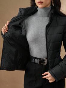 DAZY 女士修身休闲短款立领夹棉大衣，轻薄保暖，适合秋冬夹克 - 黑色 - 查看 7