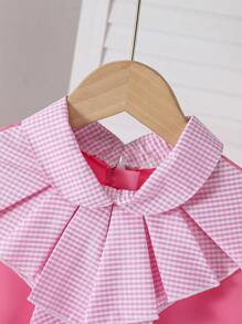 1 pezzo Abito a maniche lunghe con colletto, fiocco decorativo e chiusura lampo sul retro, in stile patchwork bianco e rosa, look college dolce, adatto a ragazze, per primavera/autunno, per il ritorno a scuola, per occasioni quotidiane - Rosa - Visualizzare 6