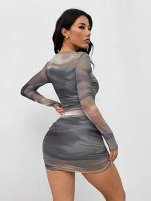 SHEIN PETITE Women's Fashion Commuter Tie-Dye Ruched Bodycon Mini Dress - Multicolor - View 2