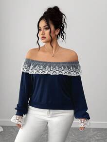 SHEIN CURVE+ Plus Size Costura Contraste Cor Renda Renda Simples Moda Estilo Comunhão Saindo Elegante Cor Sólida Moletom Feminino - Azul marinho - Ver 3