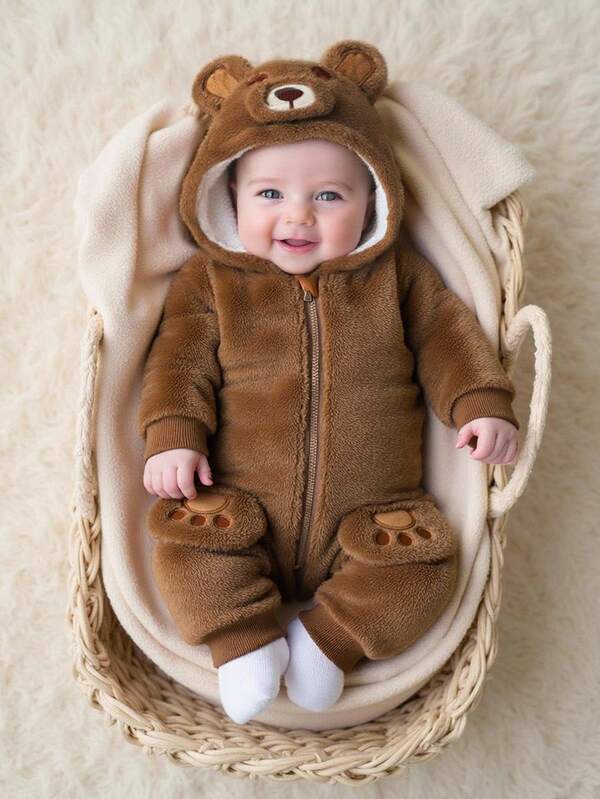 Newborn Baby Plush Brown Bear Hooded Romper, Thick Fleece Jumpsuit, Unisex Cute & Funny Loose Soft Baby Clothing, Suitable For Boys And Girls, Everyday Wear Or Outings, 0-9 Months Fall Winter
