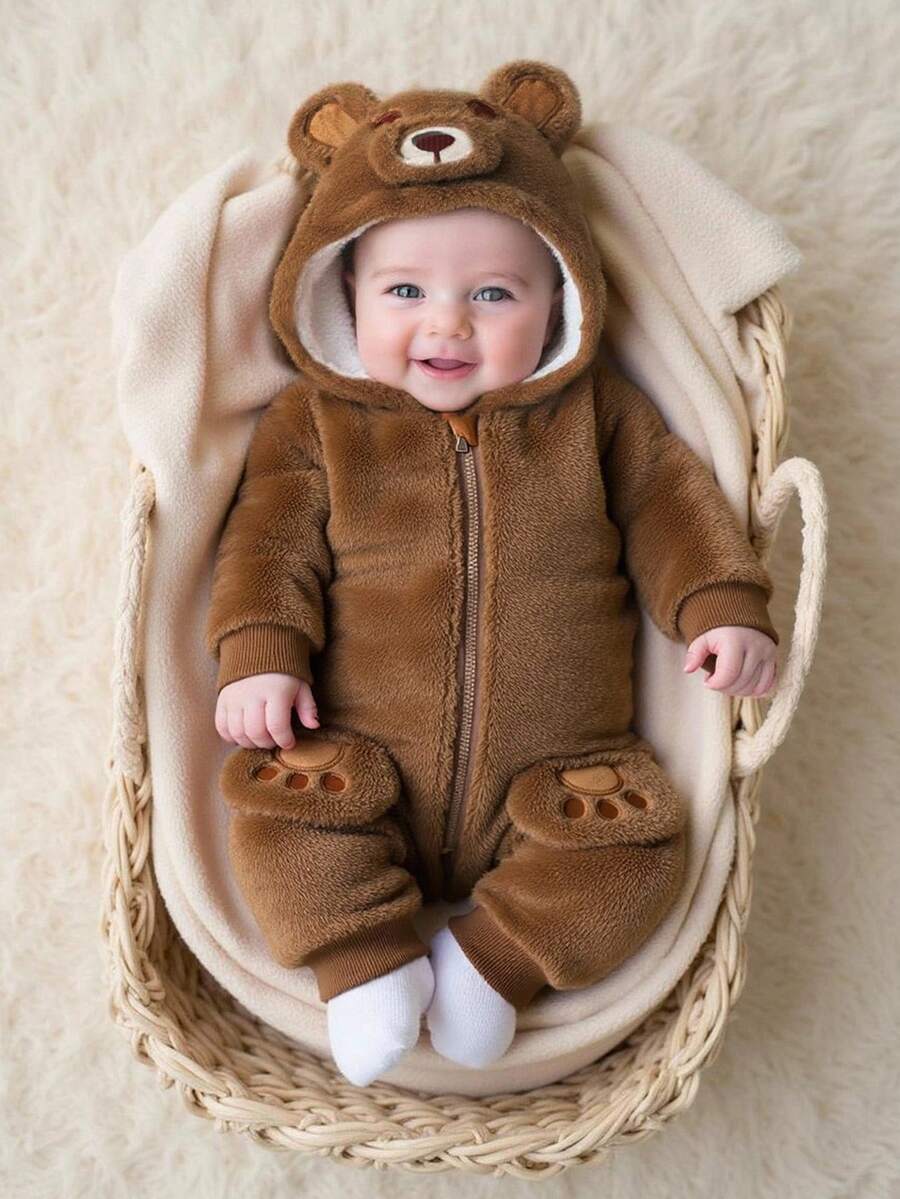 Newborn Baby Plush Brown Bear Hooded Romper, Thick Fleece Jumpsuit, Unisex Cute & Funny Loose Soft Baby Clothing, Suitable For Boys And Girls, Everyday Wear Or Outings, 0-9 Months Fall Winter - Brown - View 1