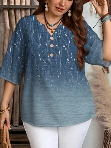 EMERY ROSE Casual Minimalist Ombre Ditsy Floral Decorative Button Notched Neck 3/4 Sleeve Loose Plus Size Women Shirt, Suitable For Summer Boho Blouses Boho Tops For Women Tunic Blouse Chic Blouses For Women Blue Tunic Blouse For Women Blue Boho Top Women Blue Top Floral Print Tunic Top Floral Print Blouse Blue Blouse For Women,Flower/Vacation/Spring - Multicolor - View 5