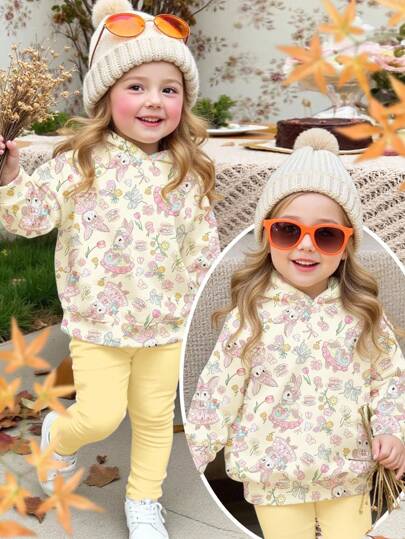 SHEIN 可爱田园兔子和花卉印花、郁金香蝴蝶结印花、女婴休闲简约卡通兔子印花宽松落肩连帽卫衣和休闲裤两件套、甜美休闲、户外野餐、郊游、街头风格、家居、波西米亚风