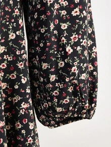 少女黑色碎花雪纺复古法式连衣裙，方领泡泡袖长袖连衣裙，甜美层次下摆，适合秋冬分层搭配、派对、波西米亚风格 - 黑色 - 查看 9