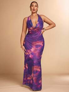 SHEIN BAE Nuevo vestido largo de mujer de talla grande con estampado floral para el verano, vestido de playa sexy con cuello drapeado para vacaciones - Morado - Ver 6