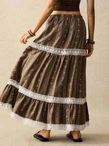 SoleilVie 大码女式弹性腰部撞色蕾丝荷叶边下摆半身裙 - 棕色 - 查看 2