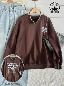 SHEIN Women's Dropped Shoulder Casual Front & Back Slogan Loose Sweatshirt Pullover Fall - Coffee Brown - View 1