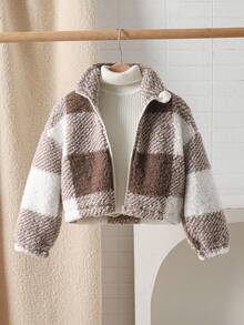 SHEIN 年轻女孩法式格子长袖短毛绒夹克，秋冬季，母女和姐妹搭配，立领长袖拉链高领保暖泰迪夹克，羊毛开衫，温暖舒适，非常适合秋冬季休闲日常穿着和上学日常，适合圣诞节、万圣节。女童碎花夹克可爱女童夹克女童羊毛夹克儿童毛绒夹克女童柔和夹克