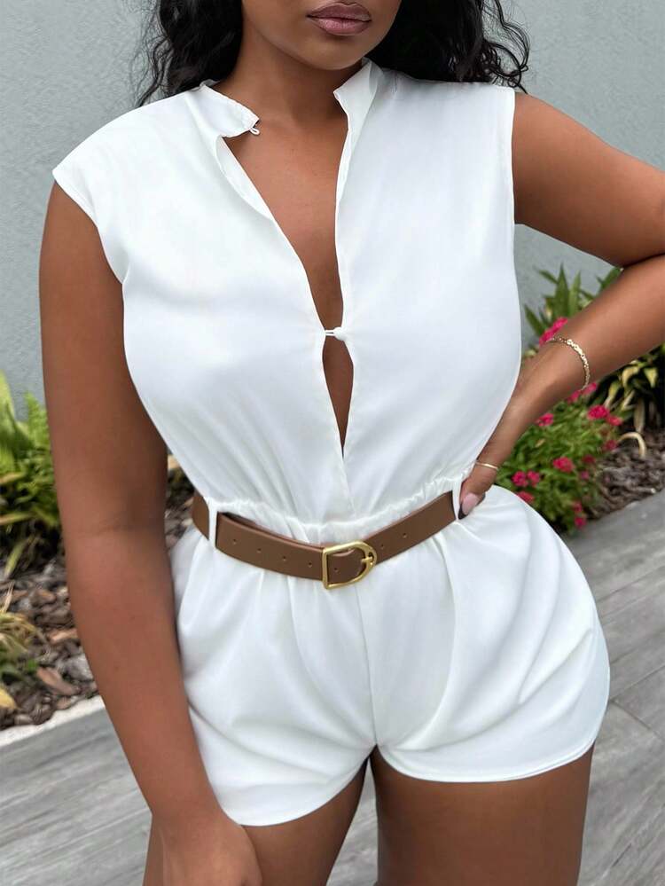 Alexandranx 高领纯色口袋连体裤（配腰带） - 白色 - 查看 5