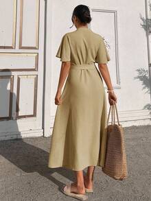 EURMUSE Ruffle Sleeve Crew-Neck Buttoned Maxi Dress With Shell Belt - Beige - View 3