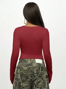 SUMWON WOMEN 女式方领短款上衣长袖修身拼色设计 Y2K 风格 Bralette 派对节日俱乐部晚装秋冬时尚别致 - 酒紅色 - 查看 2