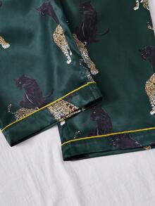 Miss Women 休闲动物印花柔软法兰绒长袖开衫和裤子两件套睡衣套装，秋季服装