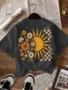 DrmWander 大码女式夏季雏菊和太阳印花圆领短袖休闲T恤 - 深灰色 - 查看 4