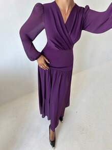 Firerie Vestido elegante de mujer con cuello en V, manga farol y fruncido en unicolor