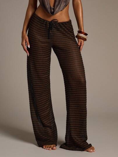 Aloruh 女士罩衫，女士沙滩装，优雅性感休闲复古针织提花透视低腰超长阔腿裤沙滩裤，波西米亚多色条纹破洞风格服装