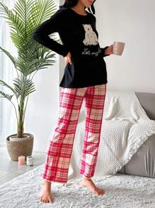 EURMUSE Damen Langarm-Top mit Buchstaben- und Cartoon-Bär-Muster und karierte Hose Pyjama Set