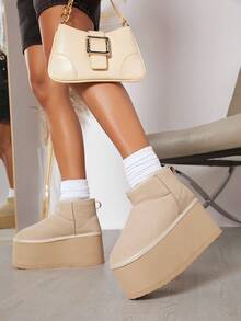 SHUZIA Giày nữ ấm áp, thoải mái, mũi tròn, đế dày, kiểu dáng dễ thương, chất liệu giả da lộn, thích hợp đi ngoài trời dịp Giáng sinh. - Màu be - Xem 6