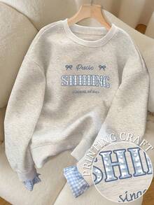 SHEIN 女式字母蝴蝶结印花圆领宽松长袖运动衫 - 淺灰色 - 查看 1