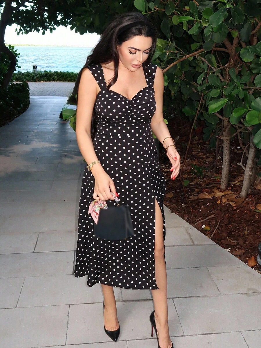 Durrani Popal 胸部褶皺高衩波卡圓點洋裝