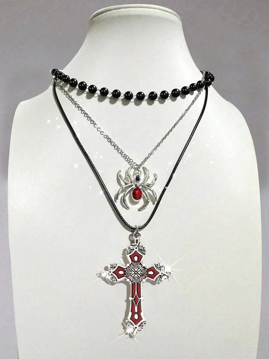 ROMWE 3pcs Gothic Style Rhinestone Spider, Faux Pearl, Red Cross Necklace Set - Red - View 1