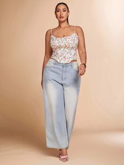 SHEIN BAE 加大码粉色纹理亮片细肩带超长低腰裙，度假沙滩裙；花卉印花串珠亮片装饰裙，粉色裙子