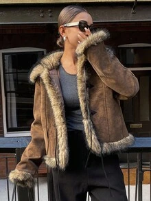 DAZY 女式仿毛领拼接绒面革宽松休闲街头厚外套，秋冬夹克 - 咖啡棕 - 查看 5