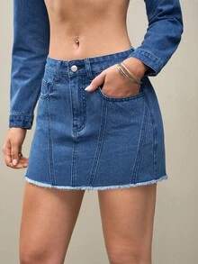 Jeanoix Women's Casual Washed Denim Frayed Hem A-Line Skirt - Blue - View 3
