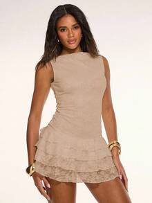 SHEIN BAE White Lace Floral Cake Tiered Culottes Sleeveless Ruffled Mini Dress Summer Holiday Boho Style, Elegant, Beach Holiday,Western Wear Women,Ibiza Outfits , Rave Outfits , Concert Outfit Women - Khaki - View 5