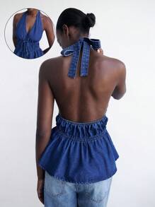 Maija Atasan Denim Biru Wanita dengan Punggung Terbuka dan Leher Halter, Atasan Tanpa Punggung Seksi untuk Liburan - Dark Wash - View 1