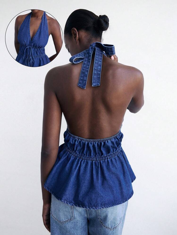 SHEIN Maija Women's Blue Denim Top With Open Back And Halter Neck, Sexy Backless Top For Vacation
