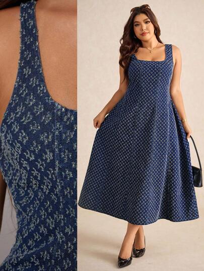 Elaquor 大码女式方领无袖优雅牛仔中长连衣裙，适合通勤