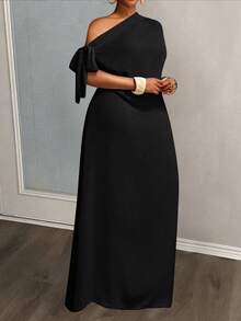 Veslaya Đầm dài dáng suông đơn giản màu trơn dành cho nữ cỡ lớn, vai lệch, thích hợp cho mùa hè. - màu đen - Xem 3