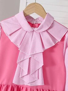 1 pezzo Abito a maniche lunghe con colletto, fiocco decorativo e chiusura lampo sul retro, in stile patchwork bianco e rosa, look college dolce, adatto a ragazze, per primavera/autunno, per il ritorno a scuola, per occasioni quotidiane - Rosa - Visualizzare 7